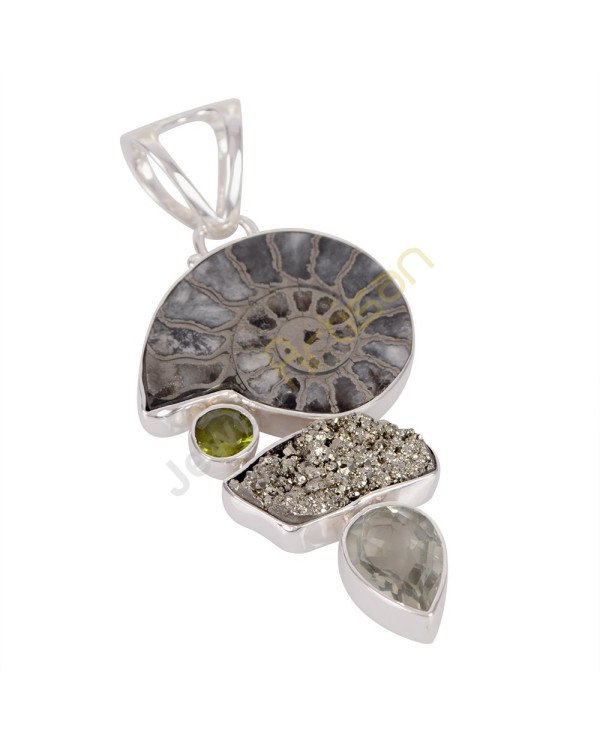 Natural Ammonite Multi Gemstone Sterling Silver Statement Pendant
