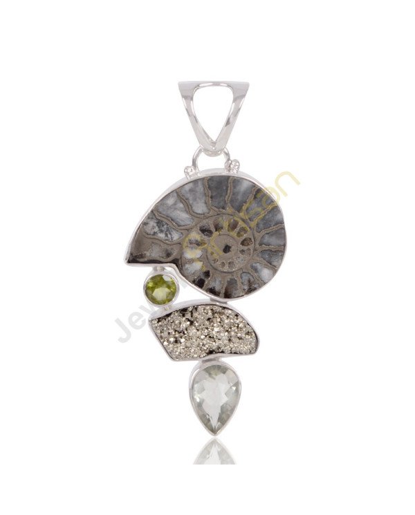 Natural Ammonite Multi Gemstone Sterling Silver Statement Pendant