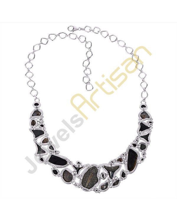 Natural Fossil Necklace Multi Gemstone 925 Sterling Silver Necklace.