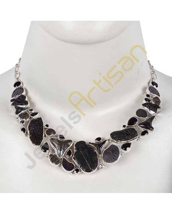 Natural Fossil Necklace Multi Gemstone 925 Sterling Silver Necklace.