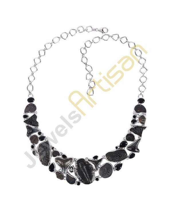 Natural Fossil Necklace Multi Gemstone 925 Sterling Silver Necklace.