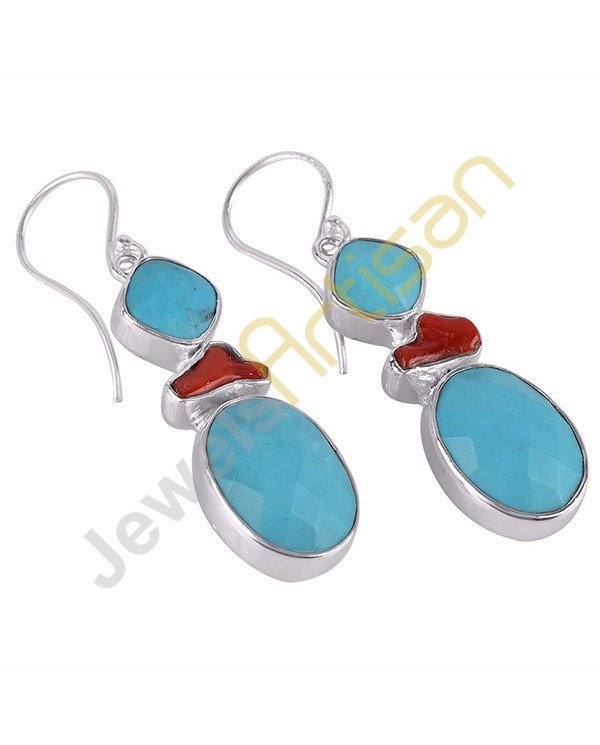 Arizona Turquoise Earrings Coral Earrings Sterling Silver Dangle Earrings Handmade Earrings