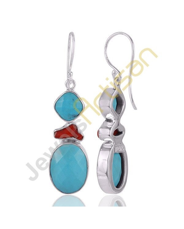 Arizona Turquoise Earrings Coral Earrings Sterling Silver Dangle Earrings Handmade Earrings