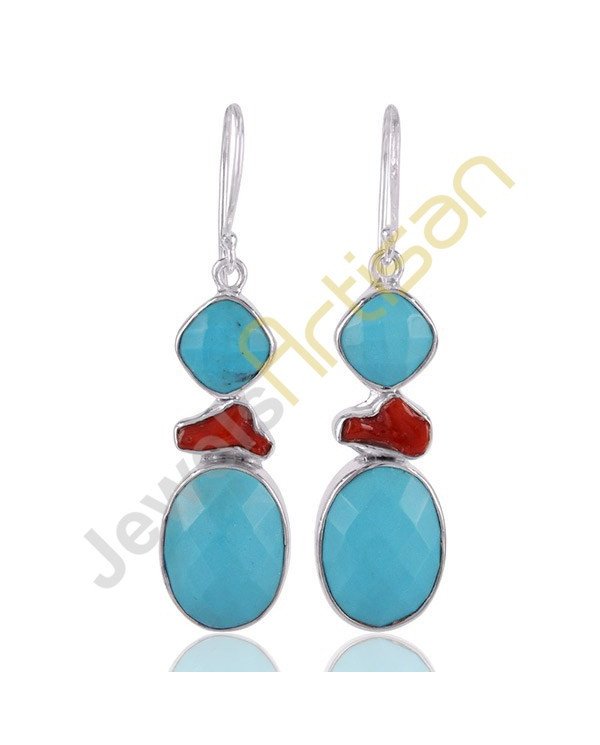 Arizona Turquoise Earrings Coral Earrings Sterling Silver Dangle Earrings Handmade Earrings