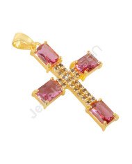 Pink Stone And White Cubic Zirconia Gemstone Pendant Gold Plated Designer Cross Pendant