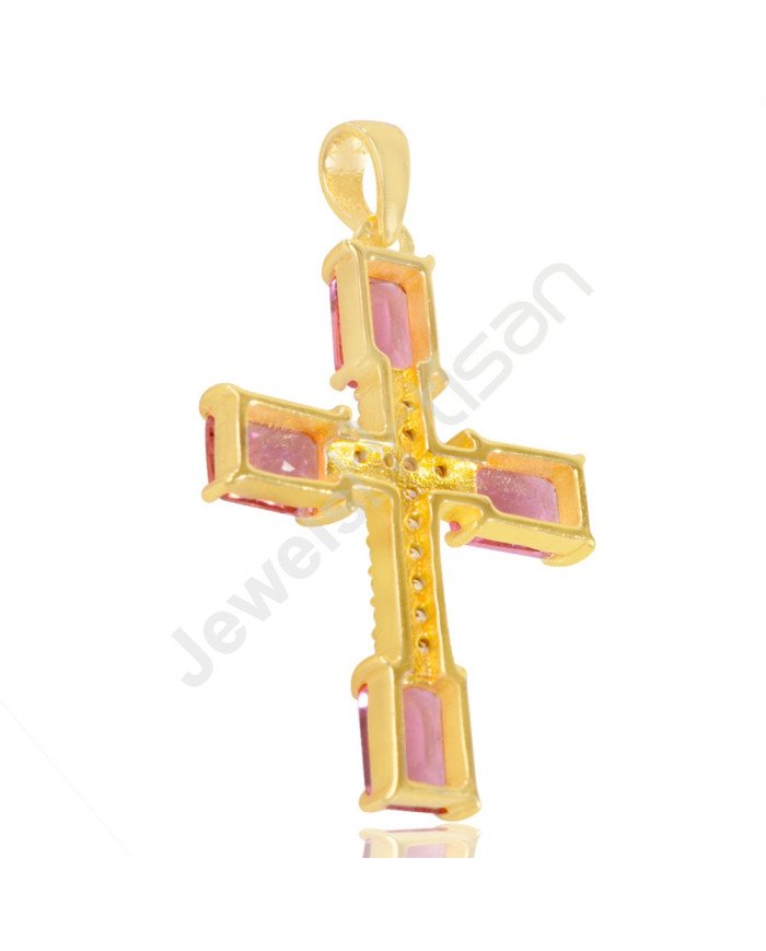 Pink Stone And White Cubic Zirconia Gemstone Pendant Gold Plated Designer Cross Pendant