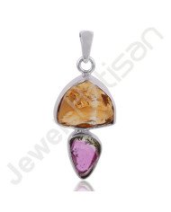 Citrine and Tourmaline Slice Gemstone Pendant 925 Sterling Silver Pendant