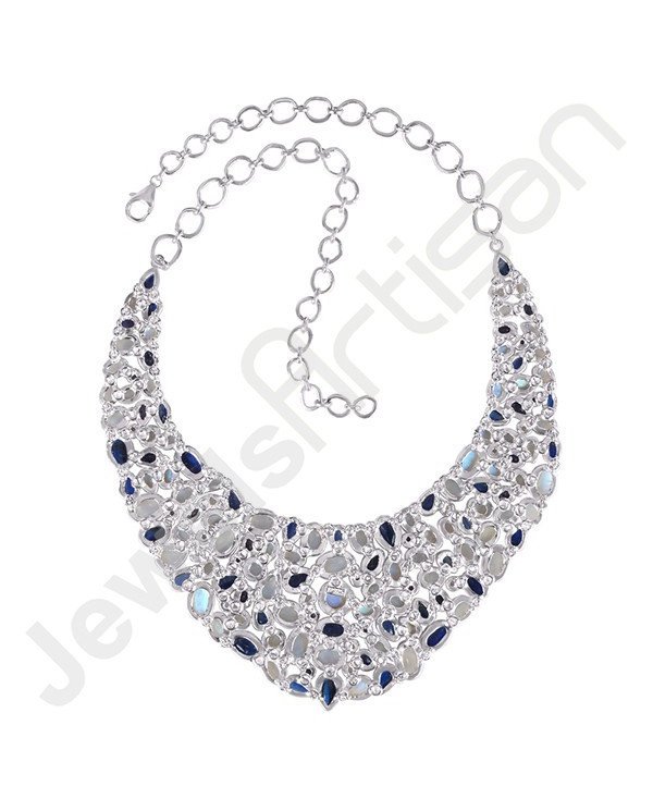 Kyanite Iolite And Rainbow Moonstone Gemstone Necklace Handcrafted 925 Sterling Silver Necklace