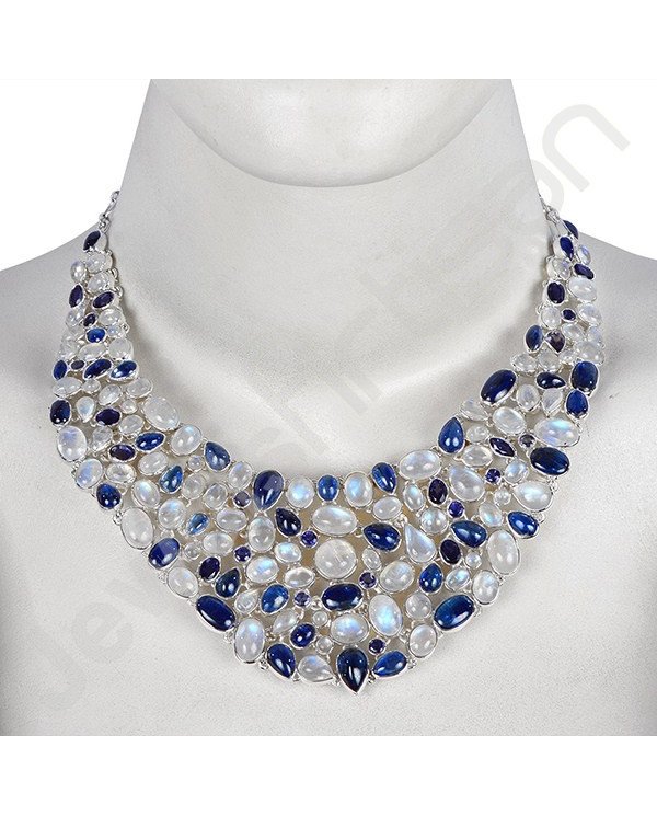 Kyanite Iolite And Rainbow Moonstone Gemstone Necklace Handcrafted 925 Sterling Silver Necklace