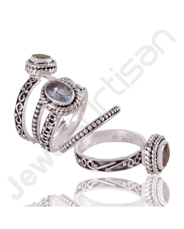 Citrine, Peridot and Blue Topaz Gemstone Stackable 925 Sterling Silver Ring