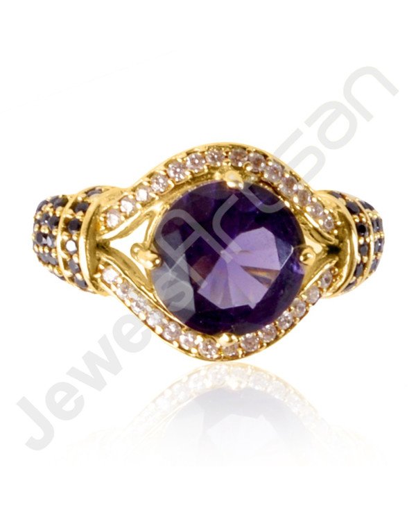 Purple Swarovski Quartz, Black Spinal Quartz and White Cubic Zirconia Gold Plated Handcrafted Fashion Ring
