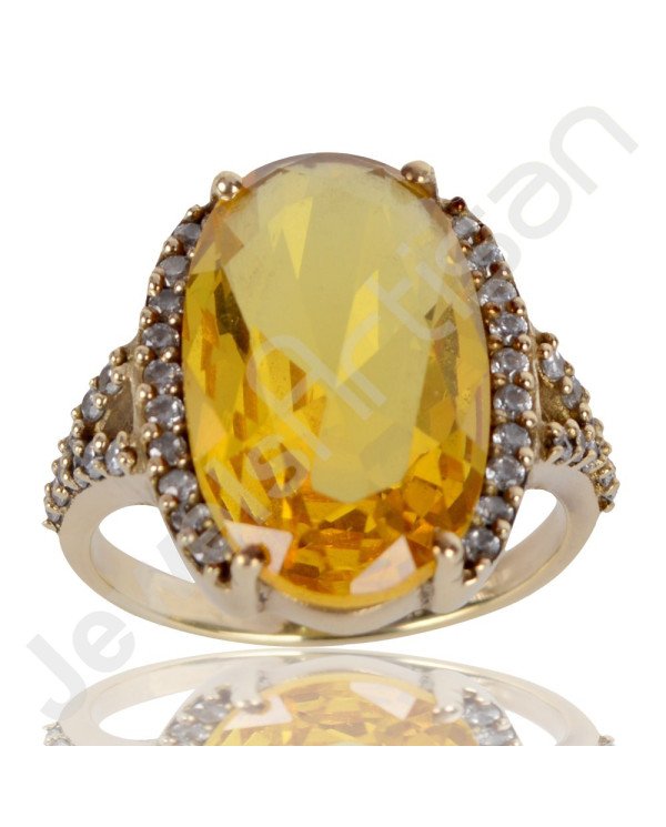 Yellow Quartz Ring White Cubic Zirconia Designer Ring Gold Plated Brass Ring