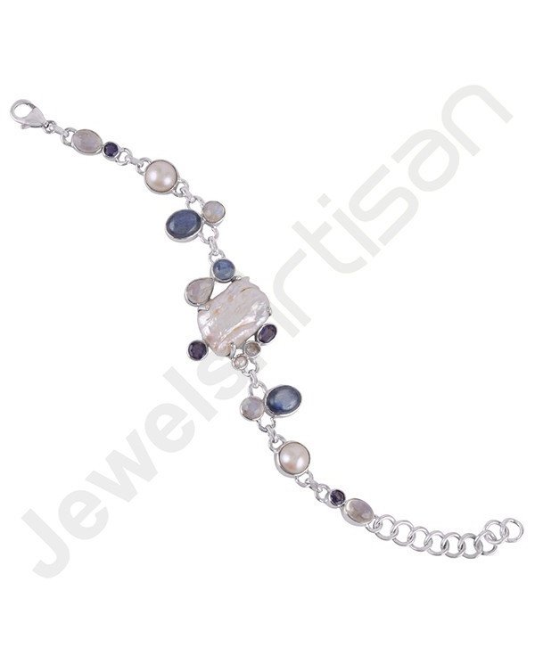 Biwa Pearl Bracelet, Rainbow Moonstone Bracelet, Pearl Bracelet, Kyanite Bracelet, Iolite Bracelet, 925 Sterling Silver Bracelet