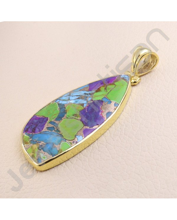 Turquoise Pendant 925 Solid Silver Pendant Gold Plated Statement Pendant Handcrafted Silver Pendant