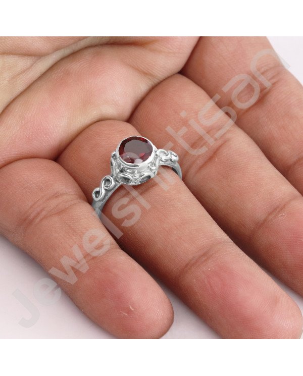 Garnet Ring 925 Sterling Silver Ring Handcrafted Silver Ring Garnet Round 7x7mm Solitaire Gemstone Ring