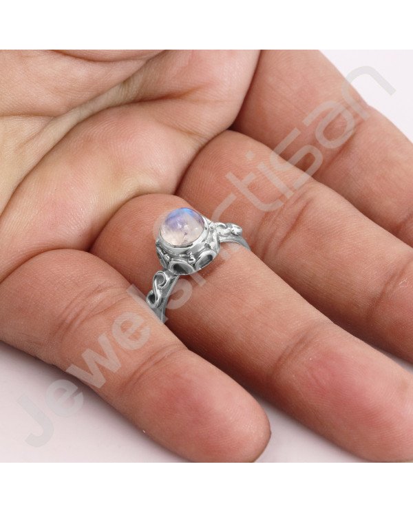 925 Sterling Silver Ring Rainbow Moonstone Ring Handcrafted Silver Ring 7x7mm Round Rainbow Moonstone Solitaire Silver Ring