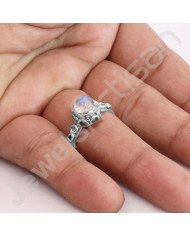 925 Sterling Silver Ring Rainbow Moonstone Ring Handcrafted Silver Ring 7x7mm Round Rainbow Moonstone Solitaire Silver Ring