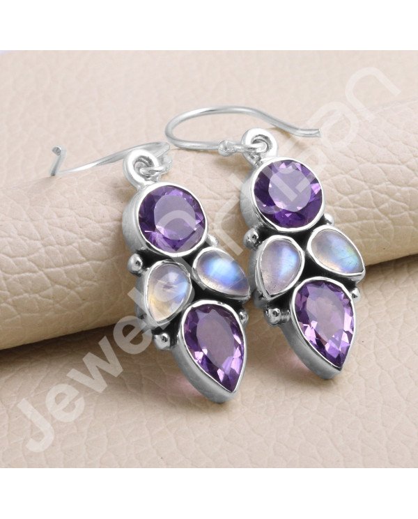 Amethyst Earring Rainbow Moonstone Earring 925 Sterling Silver Earring 7x7mm Round Amethyst Handcrafted Dangle Drop Earring