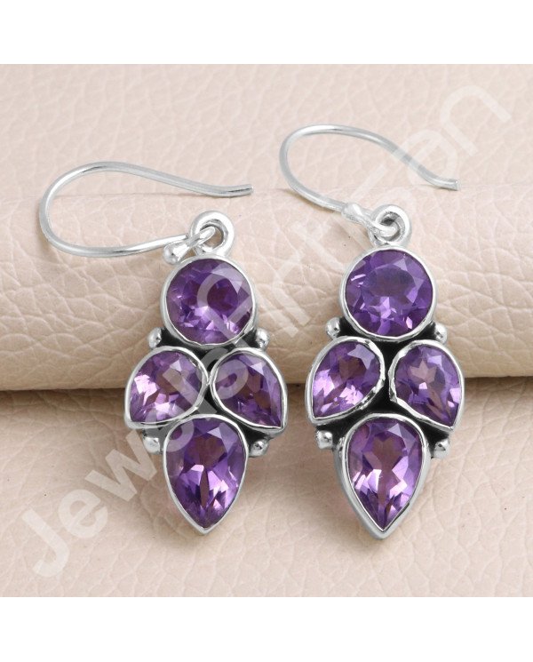 925 Sterling Silver Earring Amethyst Earring Handcrafted Earring 7x7mm Round Amethyst Designer Dangle Drop Earring For Women's