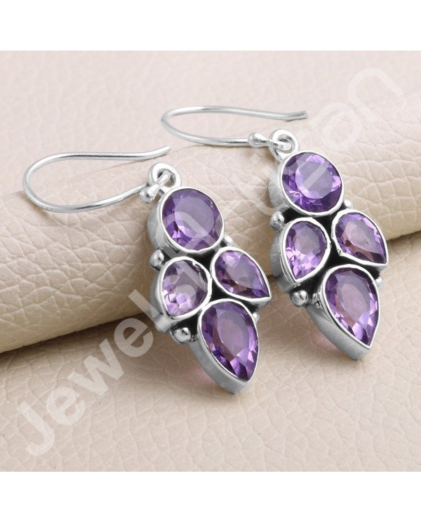 925 Sterling Silver Earring Amethyst Earring Handcrafted Earring 7x7mm Round Amethyst Designer Dangle Drop Earring For Women's
