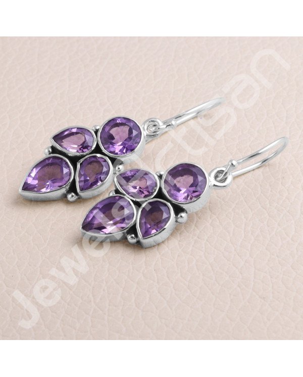 925 Sterling Silver Earring Amethyst Earring Handcrafted Earring 7x7mm Round Amethyst Designer Dangle Drop Earring For Women's