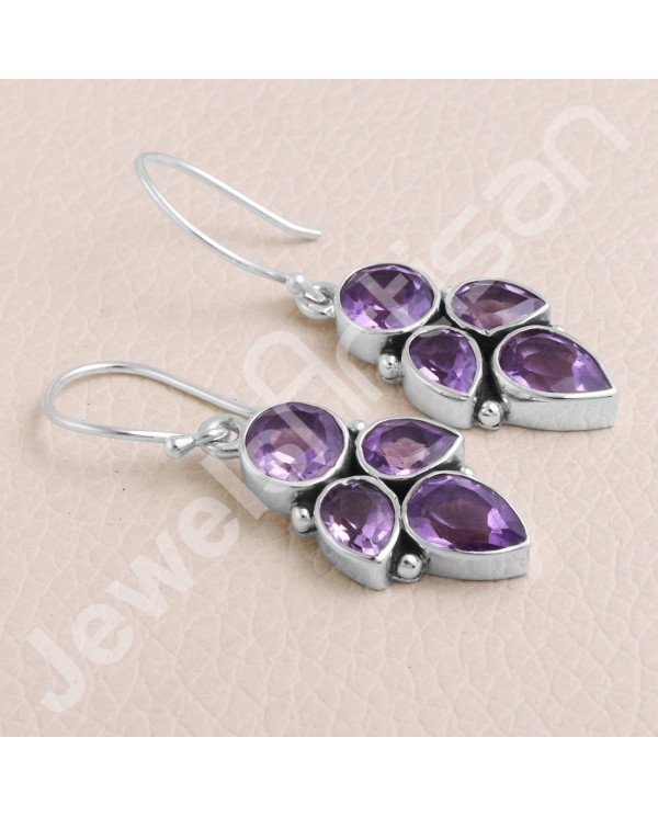925 Sterling Silver Earring Amethyst Earring Handcrafted Earring 7x7mm Round Amethyst Designer Dangle Drop Earring For Women's