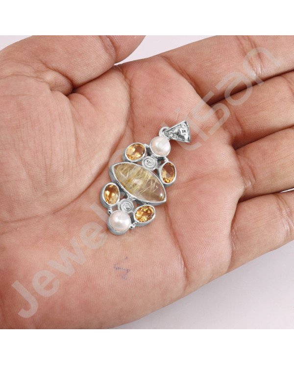 Rutilated Quartz Pendant Citrine Pendant 925 Sterling Silver Pendant Marquis Cut 8x16mm Rutilated Quartz Handcrafted Pendant