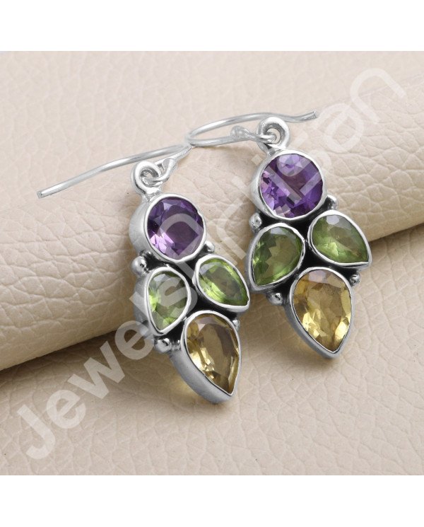 Amethyst Earring Citrine Earring 925 Sterling Silver Earring 7x7mm Round Amethyst Handcrafted Dangle Drop Earring