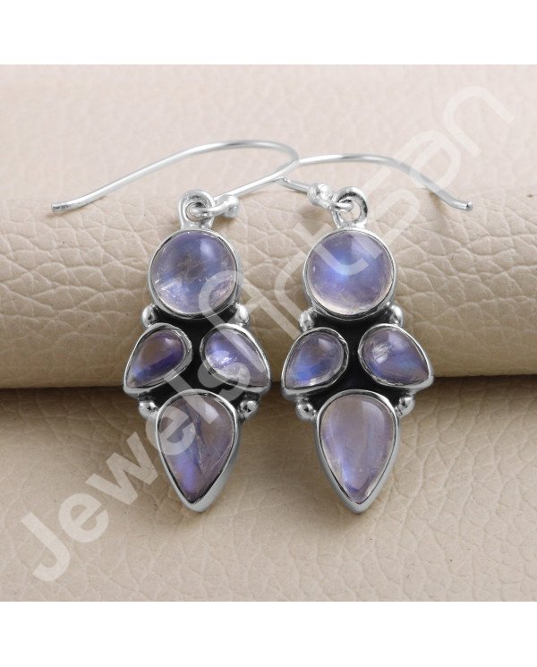 Rainbow Moonstone Earring 925 Sterling Silver Earring Ear Wired Earring 6x9mm Round Rainbow Moonstone Dangle Drop Earring