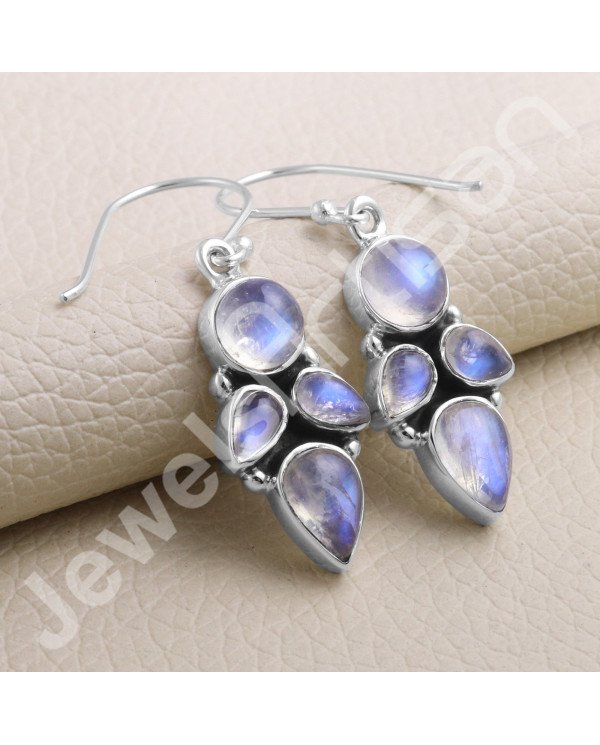 Rainbow Moonstone Earring 925 Sterling Silver Earring Ear Wired Earring 6x9mm Round Rainbow Moonstone Dangle Drop Earring