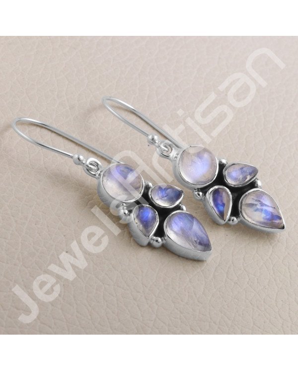 Rainbow Moonstone Earring 925 Sterling Silver Earring Ear Wired Earring 6x9mm Round Rainbow Moonstone Dangle Drop Earring