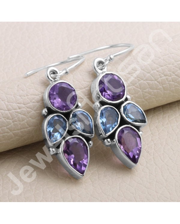 Amethyst Earring Blue Topaz Earring 925 Sterling Silver Earring 7x9mm Pear Amethyst Handcrafted Dangle Drop Ear Wired Earring