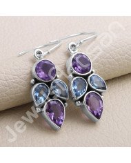 Amethyst Earring Blue Topaz Earring 925 Sterling Silver Earring 7x9mm Pear Amethyst Handcrafted Dangle Drop Ear Wired Earring
