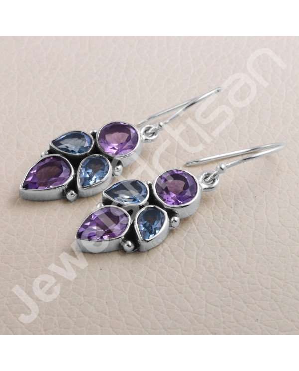 Amethyst Earring Blue Topaz Earring 925 Sterling Silver Earring 7x9mm Pear Amethyst Handcrafted Dangle Drop Ear Wired Earring