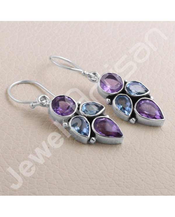 Amethyst Earring Blue Topaz Earring 925 Sterling Silver Earring 7x9mm Pear Amethyst Handcrafted Dangle Drop Ear Wired Earring