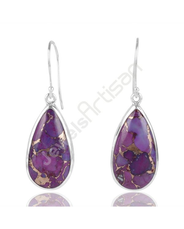 Purple Turquoise Earring Ear-Wired Earring 925 Sterling Silver Earring 13x25mm Pear Turquoise Dangle Drop Handmade Earring
