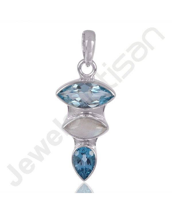 Sky Blue Topaz Pendant Rainbow Moonstone Pendant 925 Sterling Silver Pendant 6x12mm Marquise Multi-Gemstone Handmade Pendant
