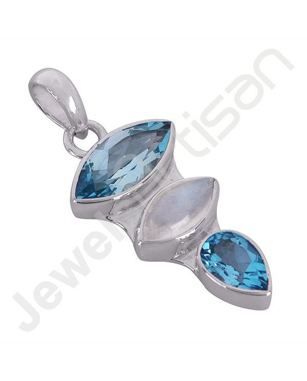 Sky Blue Topaz Pendant Rainbow Moonstone Pendant 925 Sterling Silver Pendant 6x12mm Marquise Multi-Gemstone Handmade Pendant