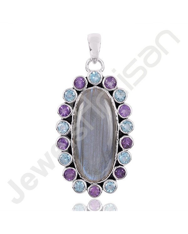 Labradorite Pendant Amethyst Pendant 925 Sterling Silver Pendant Fancy Shape Labradorite Gemstone Handmade Pendant
