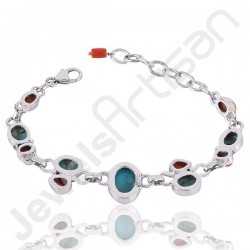 Arizona Turquoise Bracelet Coral Bracelet 925 Sterling Silver Bracelet 10x14mm Oval Handcrafted Multi-Gemstone Bracelet