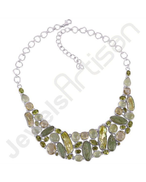 Lemon Quartz Necklace Prehnite Necklace Peridot Bracelet Multi-Gemstone 925 Sterling Silver Handcrafted Choker Necklace
