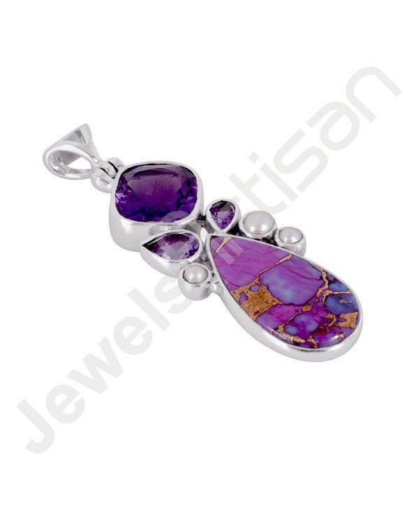 Amethyst Pendant Purple Copper Turquoise Pendant 925 Sterling Silver Pendant12x12mm Round Amethyst Multi-Gemstone Pendant