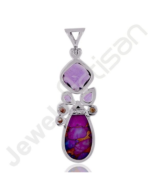 Amethyst Pendant Purple Copper Turquoise Pendant 925 Sterling Silver Pendant12x12mm Round Amethyst Multi-Gemstone Pendant