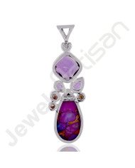 Amethyst Pendant Purple Copper Turquoise Pendant 925 Sterling Silver Pendant12x12mm Round Amethyst Multi-Gemstone Pendant