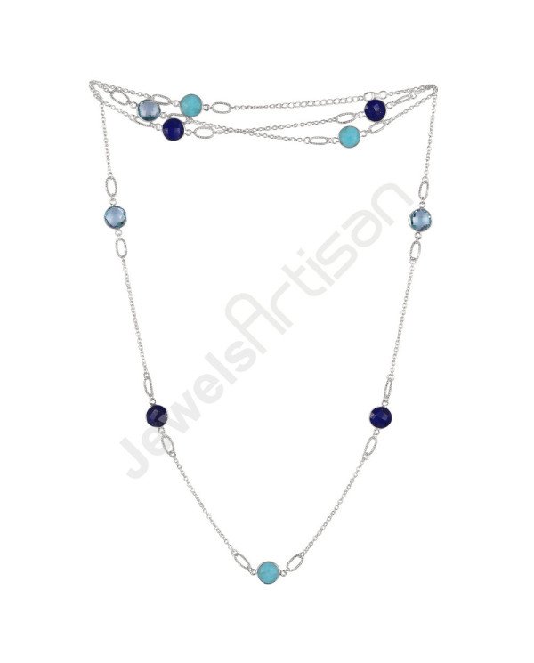 Arizona Turquoise Necklace Blue Topaz Necklace 925 Sterling Silver Necklace 10x10mm Round Multi-Gemstone Chain Necklace for Her