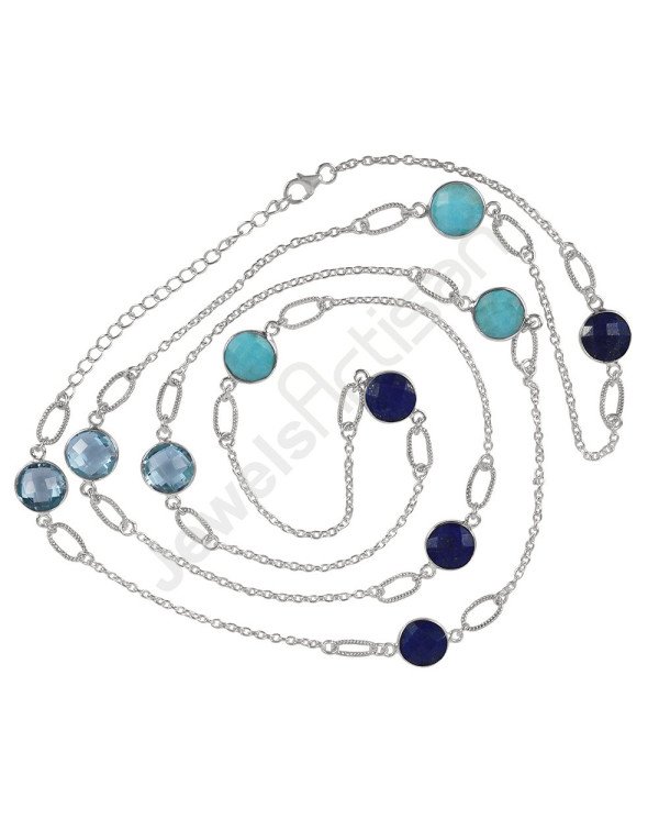 Arizona Turquoise Necklace Blue Topaz Necklace 925 Sterling Silver Necklace 10x10mm Round Multi-Gemstone Chain Necklace for Her