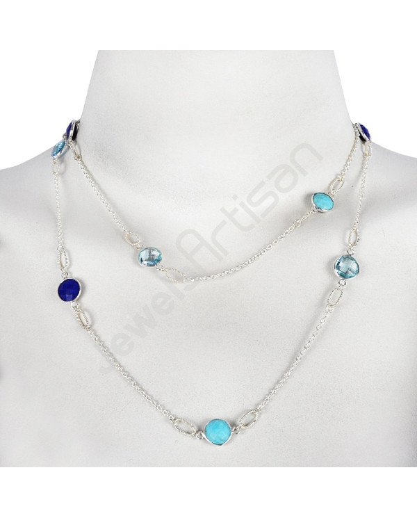 Arizona Turquoise Necklace Blue Topaz Necklace 925 Sterling Silver Necklace 10x10mm Round Multi-Gemstone Chain Necklace for Her