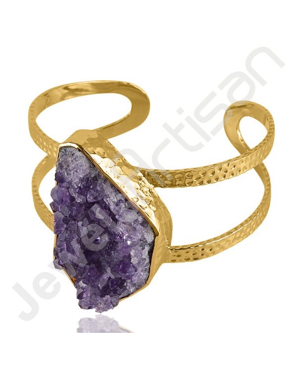Raw Amethyst Druzy Bangle Brass Bangle 18 K Gold-Plated Bangle.