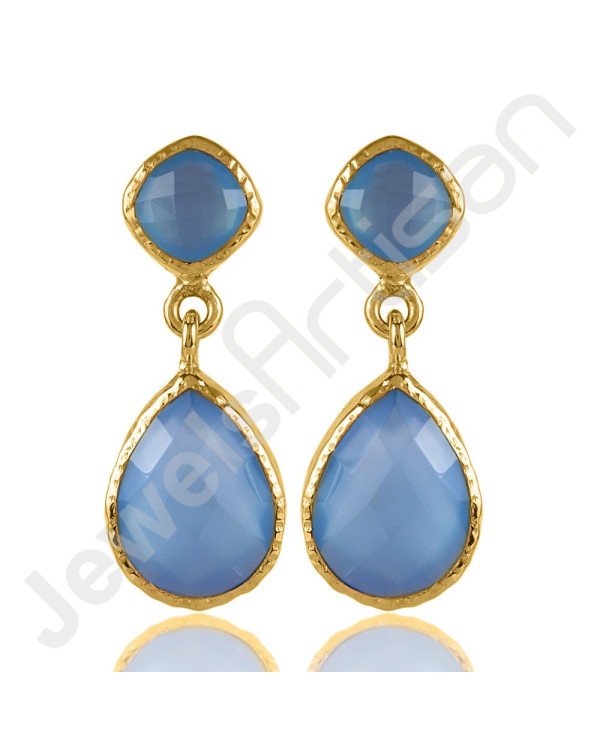 Blue Onyx Earring Hammered Textured Earring 1-Micron Gold-Plated Earring