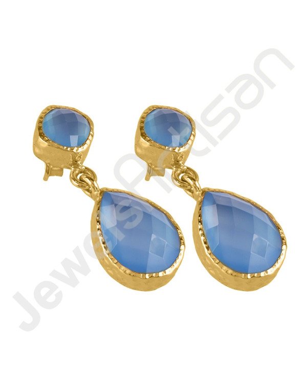 Blue Onyx Earring Hammered Textured Earring 1-Micron Gold-Plated Earring